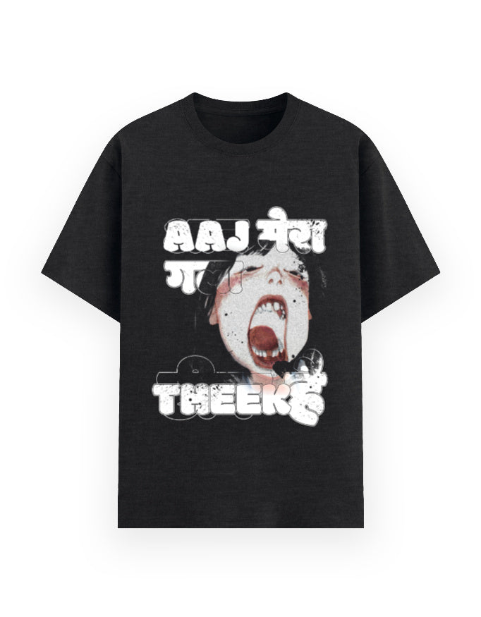 Qalakaar-Unisex-Printed-Aaj_Mera_Gala_Theek_Hai-Black-Everyday-Tshirt